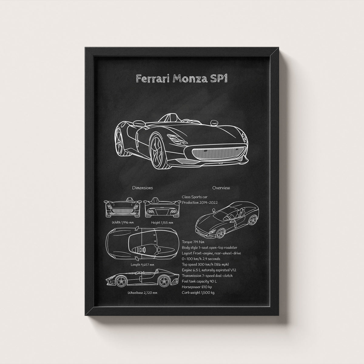 Framed poster of Ferrari Monza SP1 with technical drawings on a black background