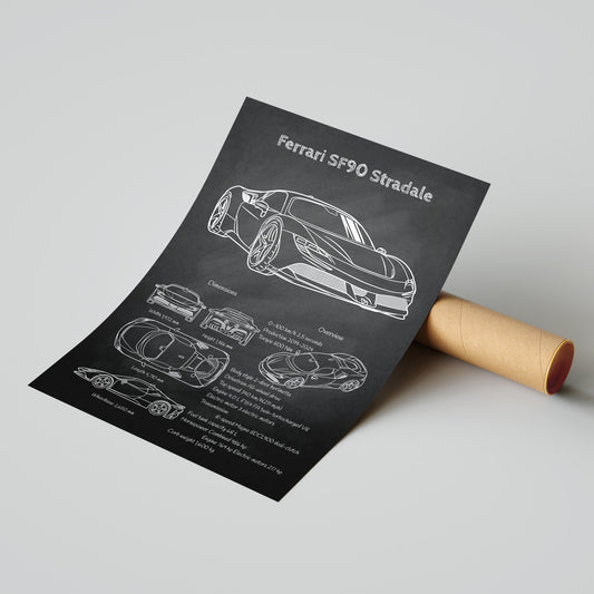 Ferrari SF90 Stradale blueprint poster on a gray background