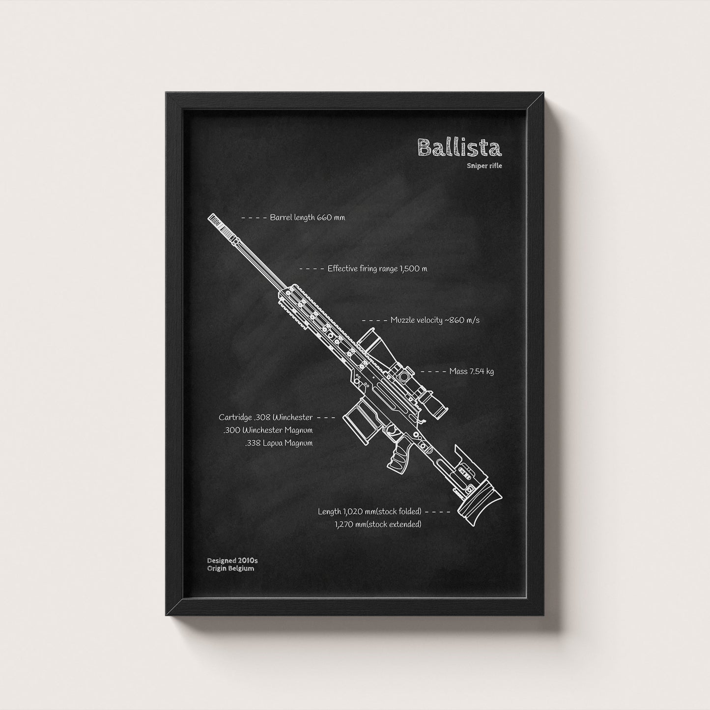 Framed blueprint of a Ballista sniper rifle on a white background