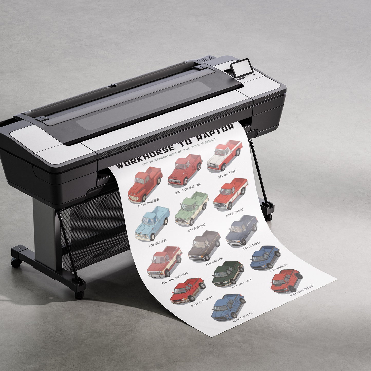 Large inkjet printer with a sheet of printed Ford F-Series Evolution illustrations on a gray background