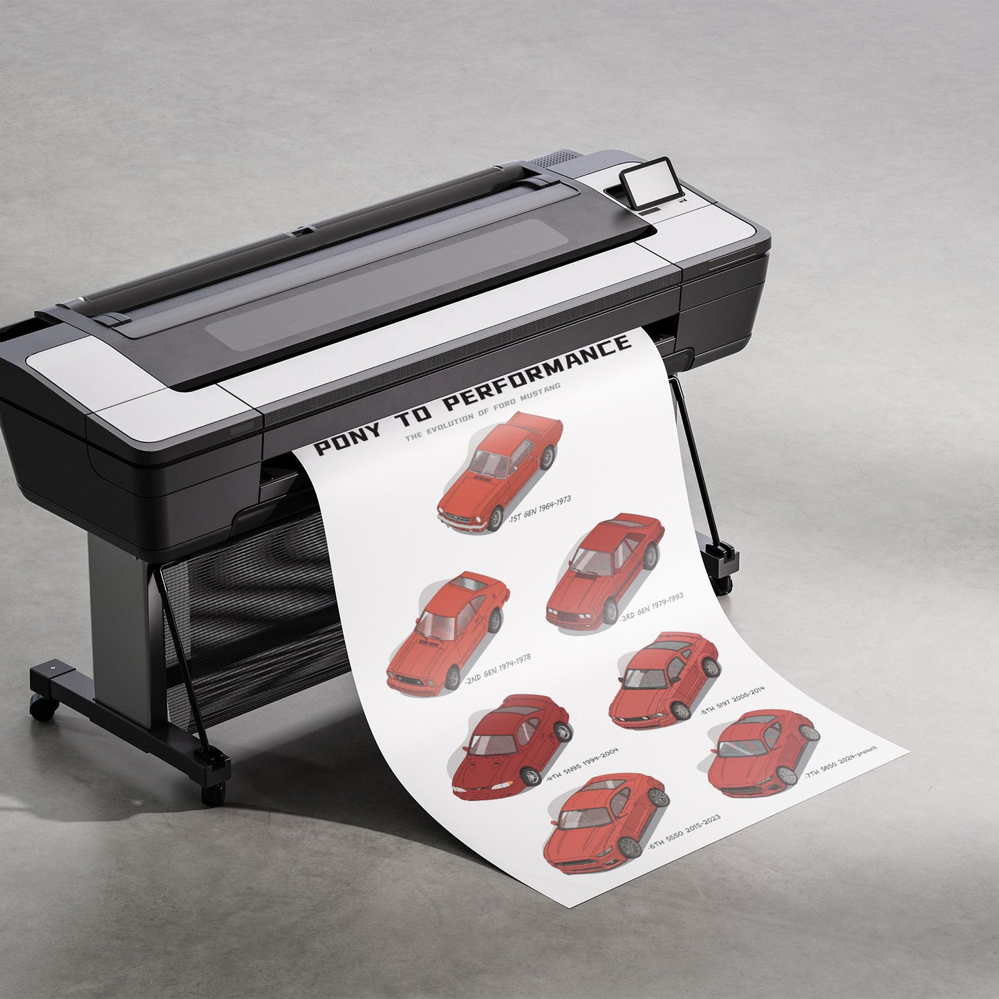 Large printer with a sheet of paper featuring Ford Mustang evolution car illustrations on a gray background