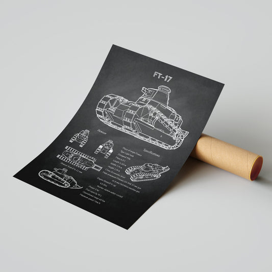 FT-17 tank blueprint print leaning on shipping tube – ready to ship military poster