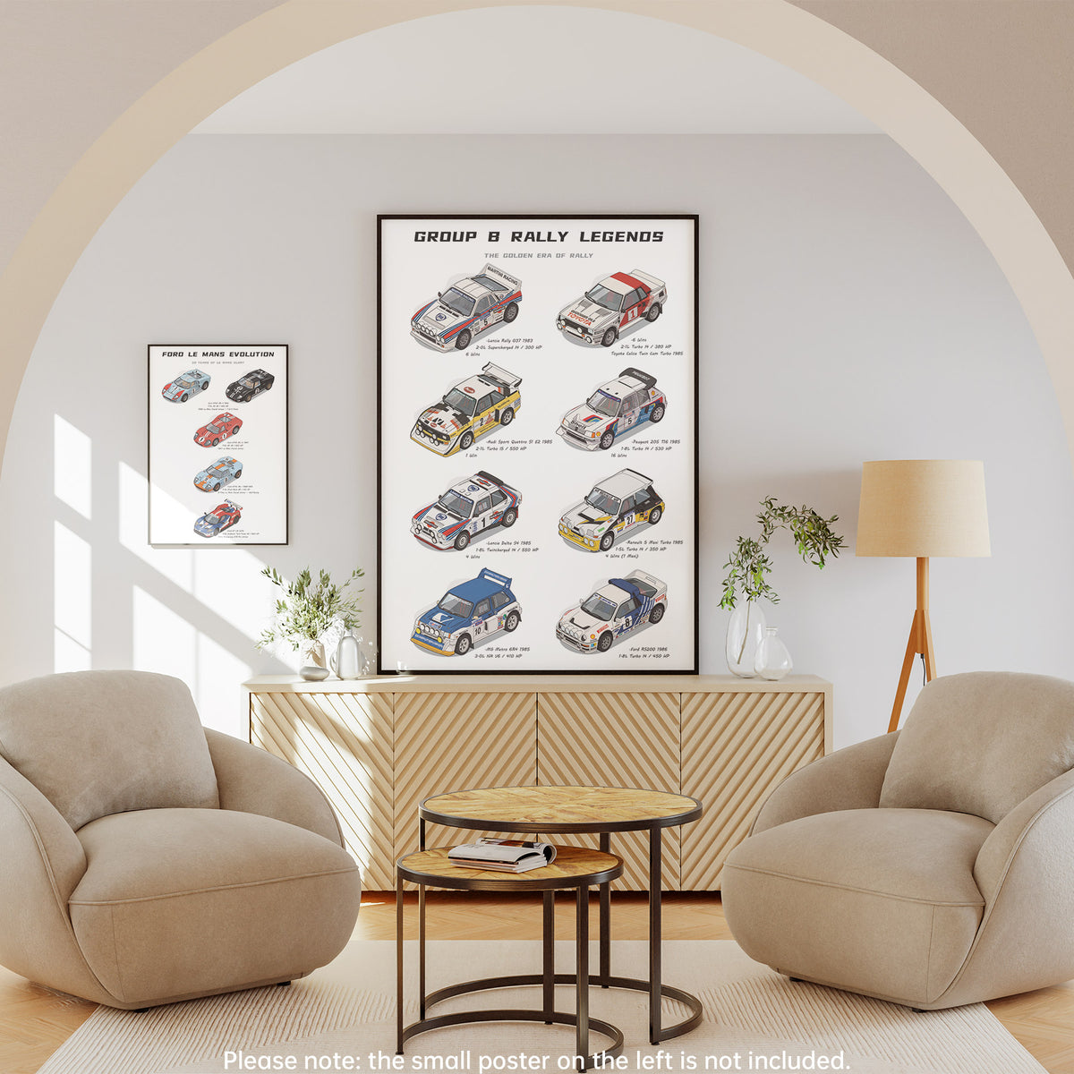 A framed wall poster titled 'Group B Rally Legends' hangs above a wooden cabinet in a styled living room with two beige armchairs, a small round table, and a floor lamp. The poster shows illustrated vintage rally cars.