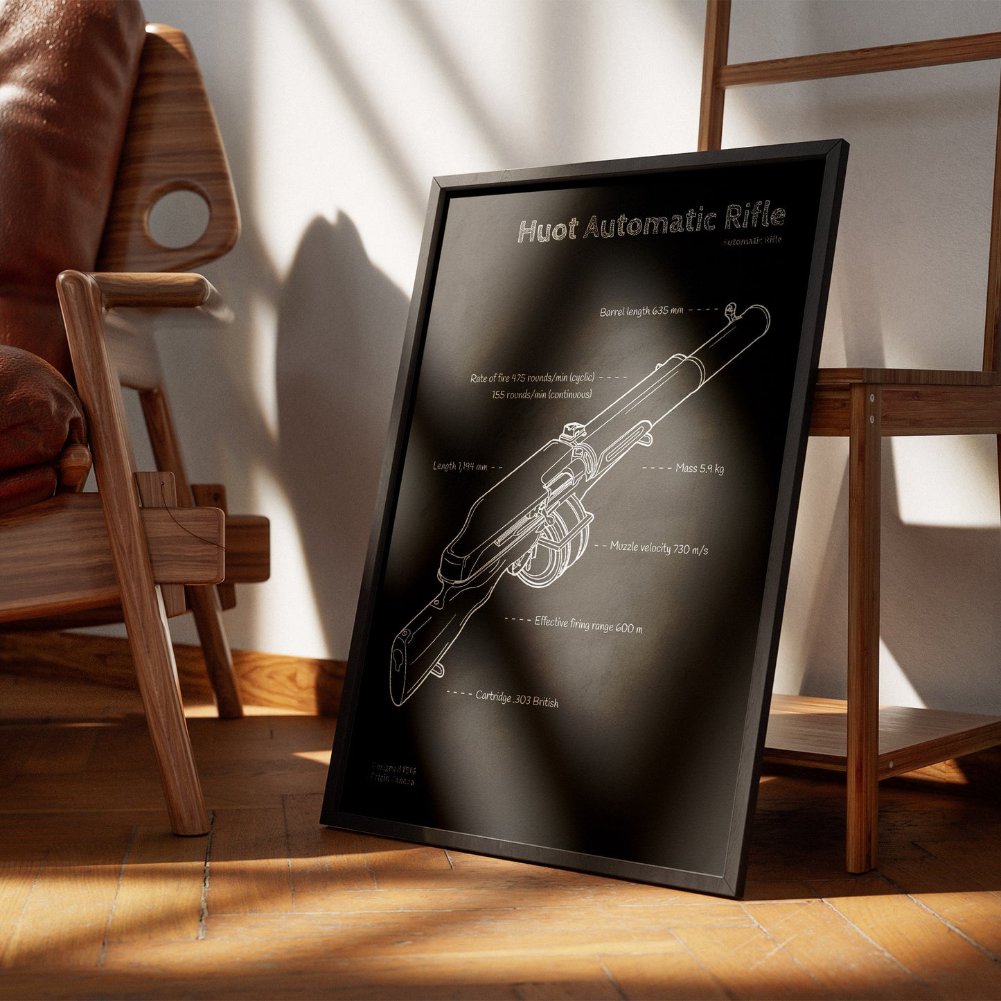Framed blueprint of a Huot Automatic Rifle on a wooden floor with chairs in the background