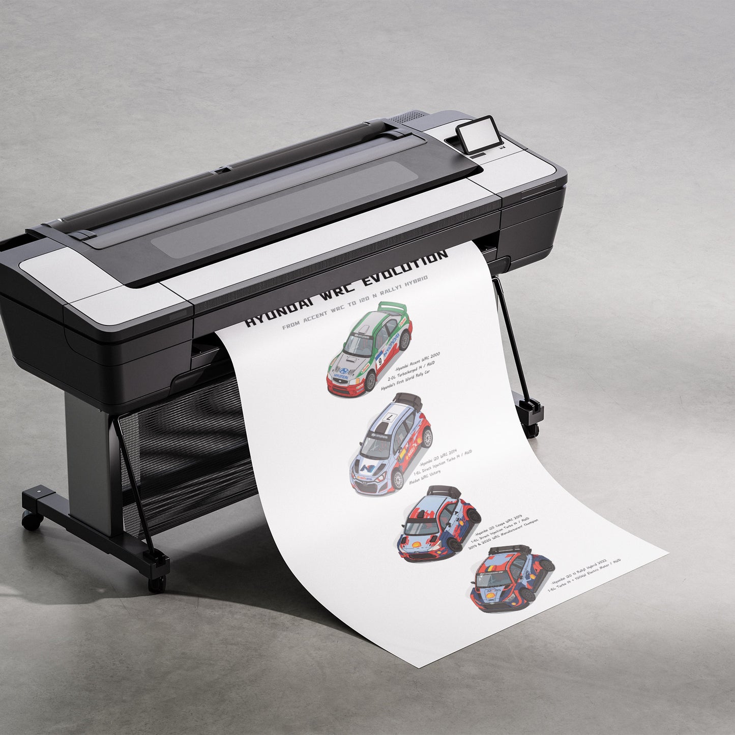 A large black and white wide-format printer on a gray studio floor, printing and releasing a long white sheet featuring illustrated vintage race cars and the text 'HYUNDAI WRC EVOLUTION'.