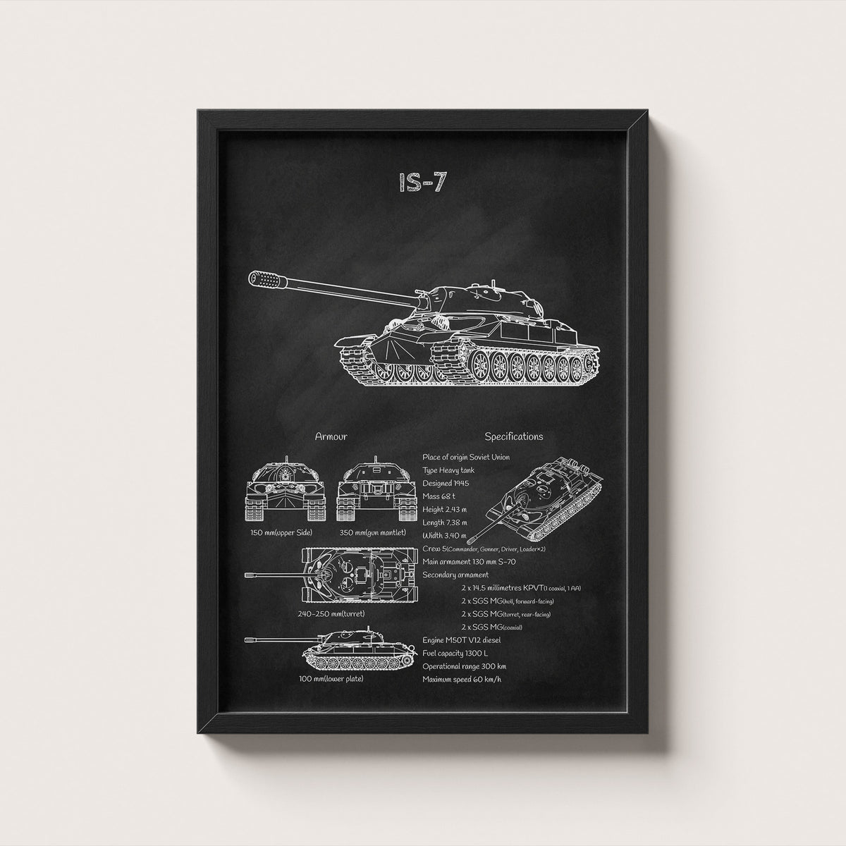 Framed IS-7 tank blueprint poster hanging on wall – military wall art for home or office