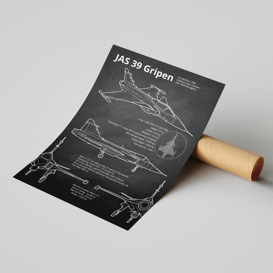 Technical drawing of a JAS 39 Gripen aircraft on a gray background