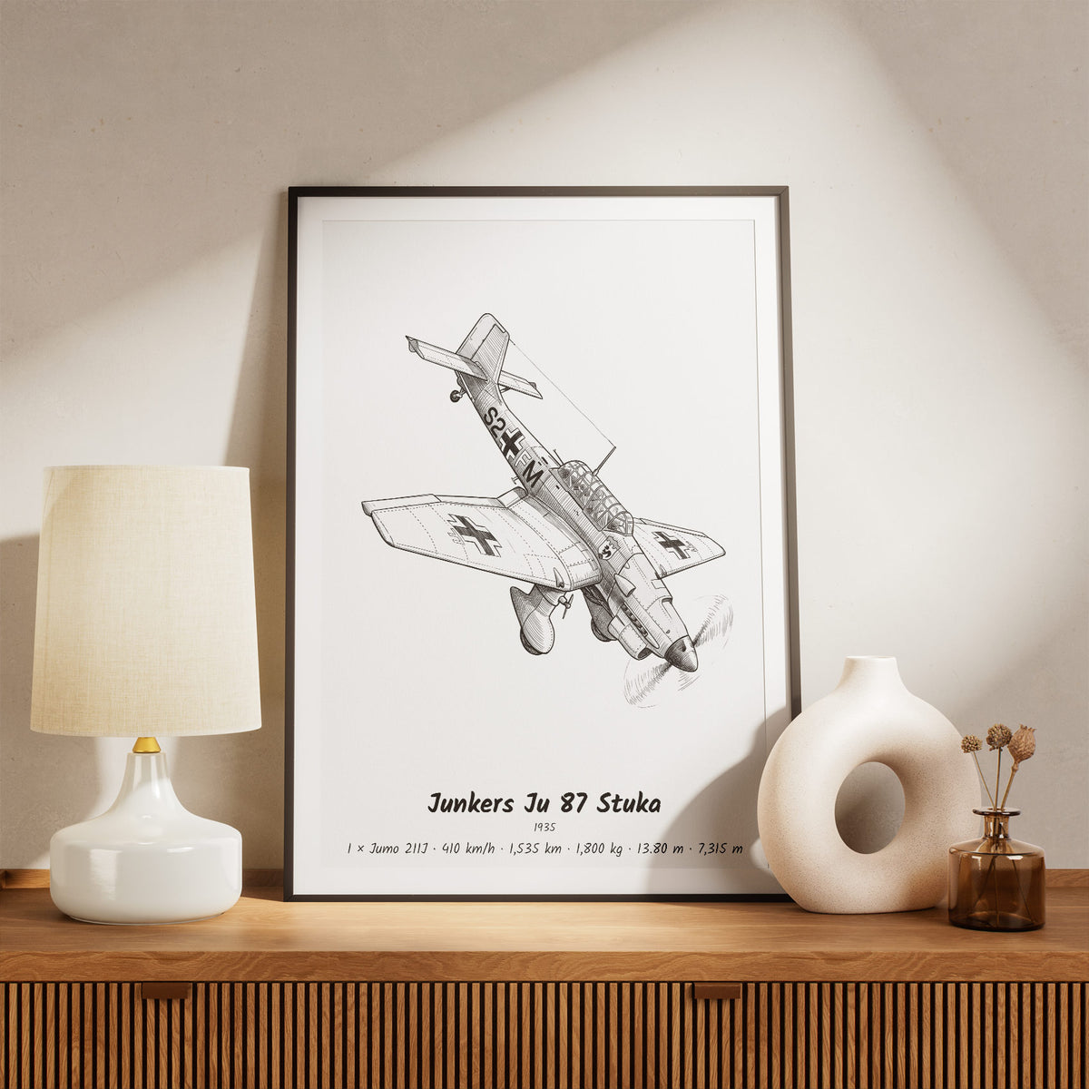 Framed Junkers Ju 87 Stuka Print on a Shelf