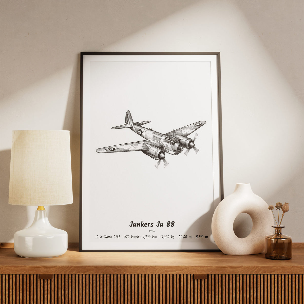 Framed Junkers Ju 88 Print on a Shelf