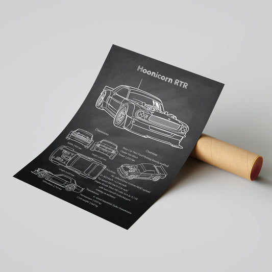 Ken Block Ford Mustang Hoonicorn blueprint poster with mailing tube – ready-to-ship automotive wall decor