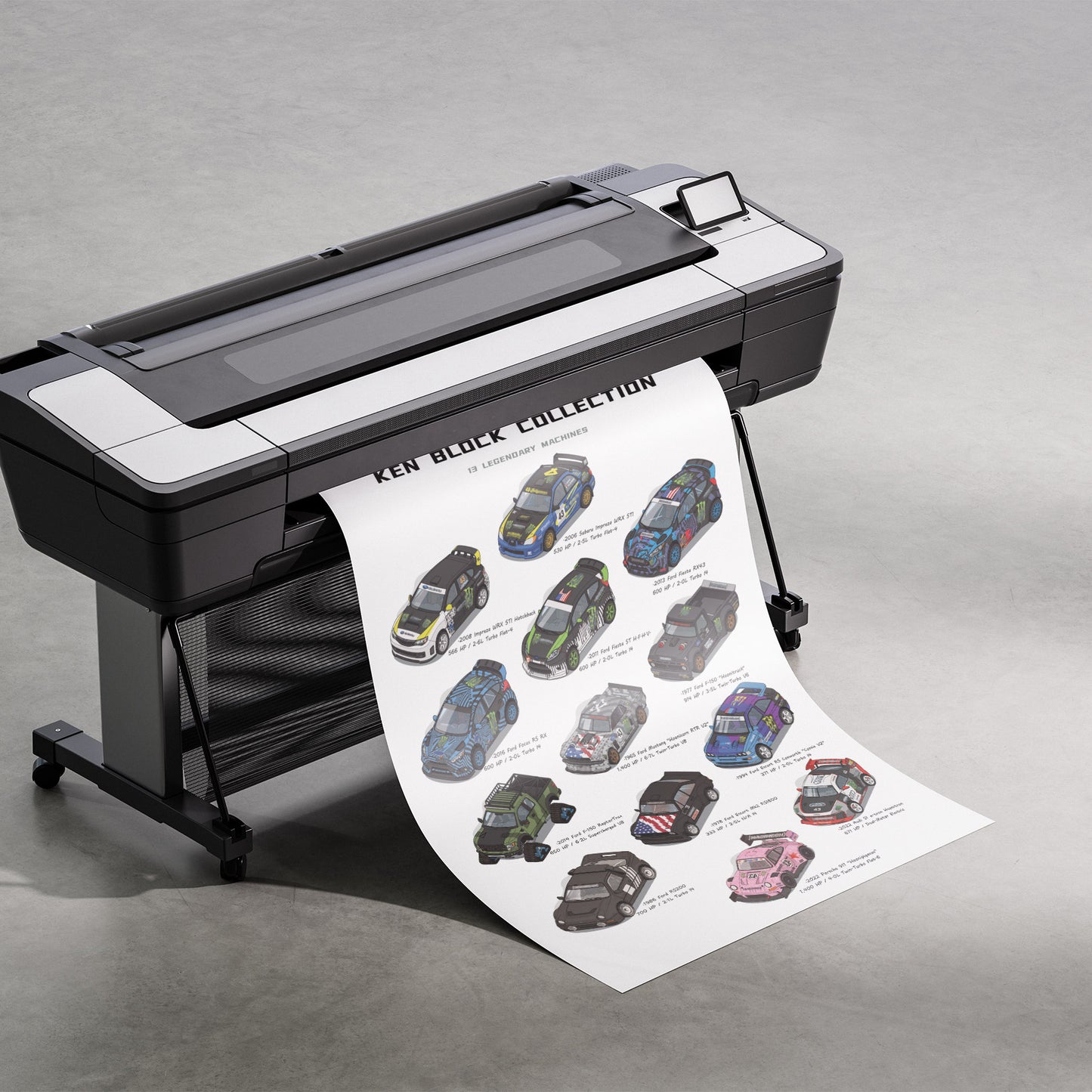 A large black and white industrial printer on a stand, shown printing a long sheet of paper featuring multiple illustrated cars and the text 'KEN BLOCK COLLECTION'.