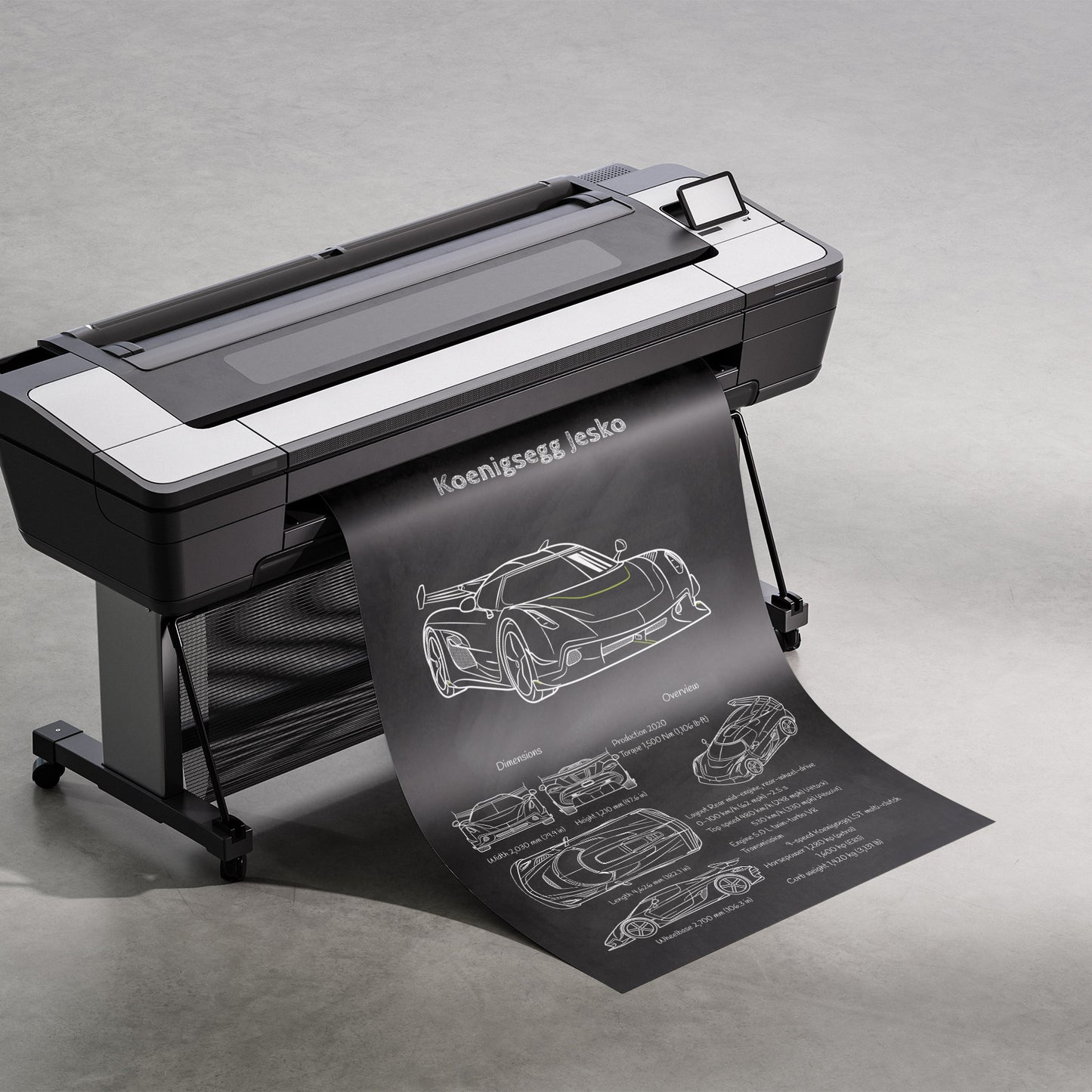 Large format printer with a printed Koenigsegg Jesko design on gray background