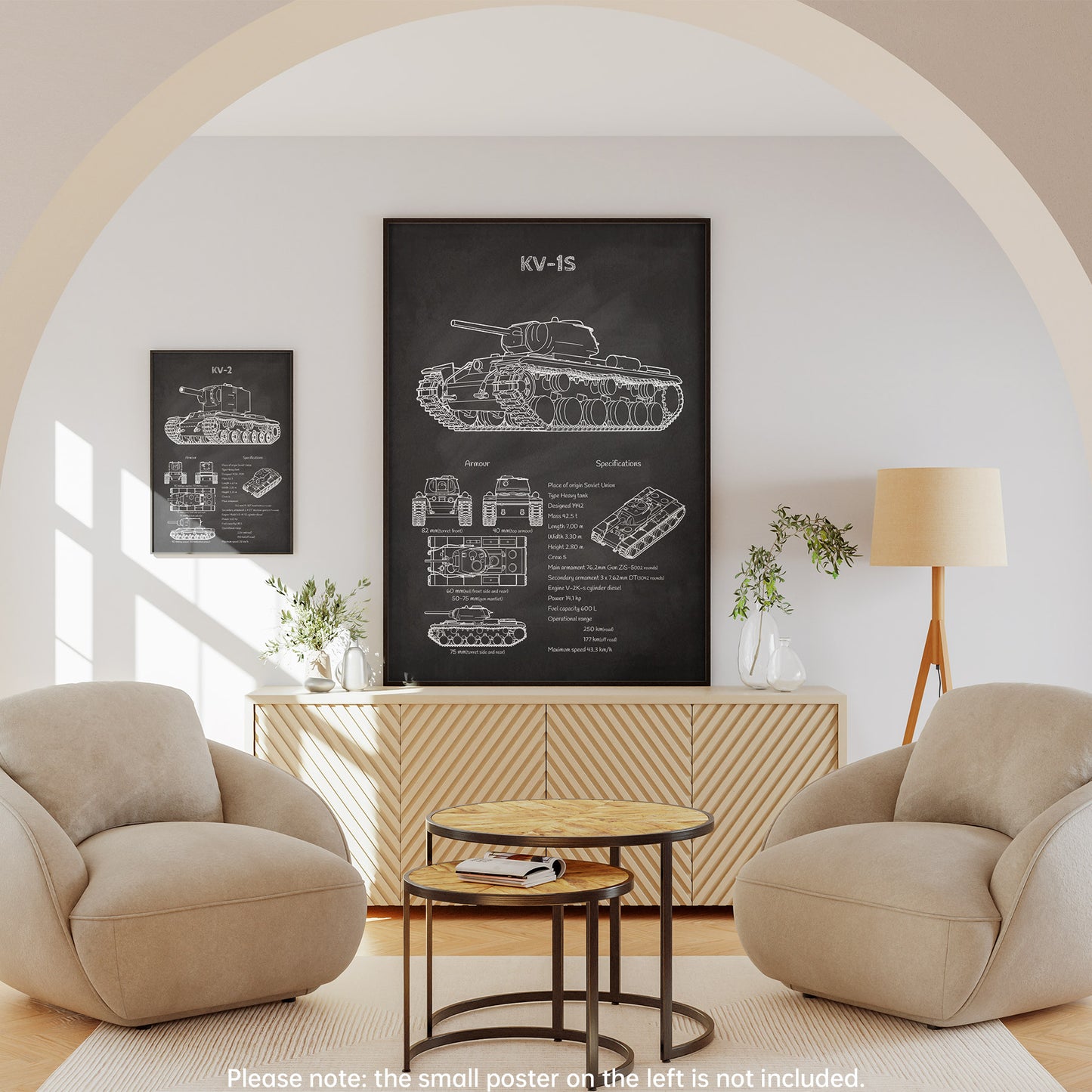 Framed KV-1S tank blueprint displayed in living room – military decor