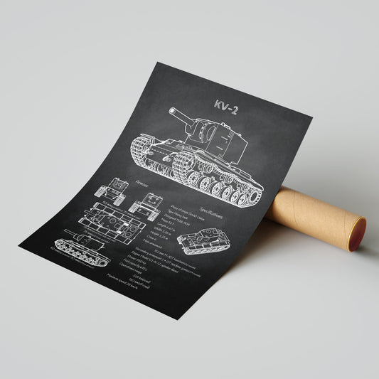 KV-2 tank blueprint print leaning on shipping tube – ready to ship military poster