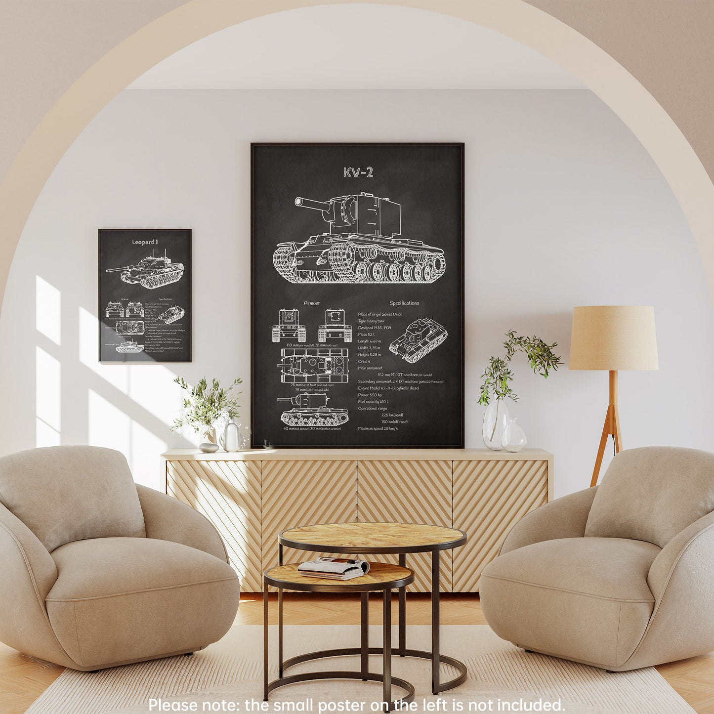 Framed KV-2 tank blueprint displayed in living room – military decor