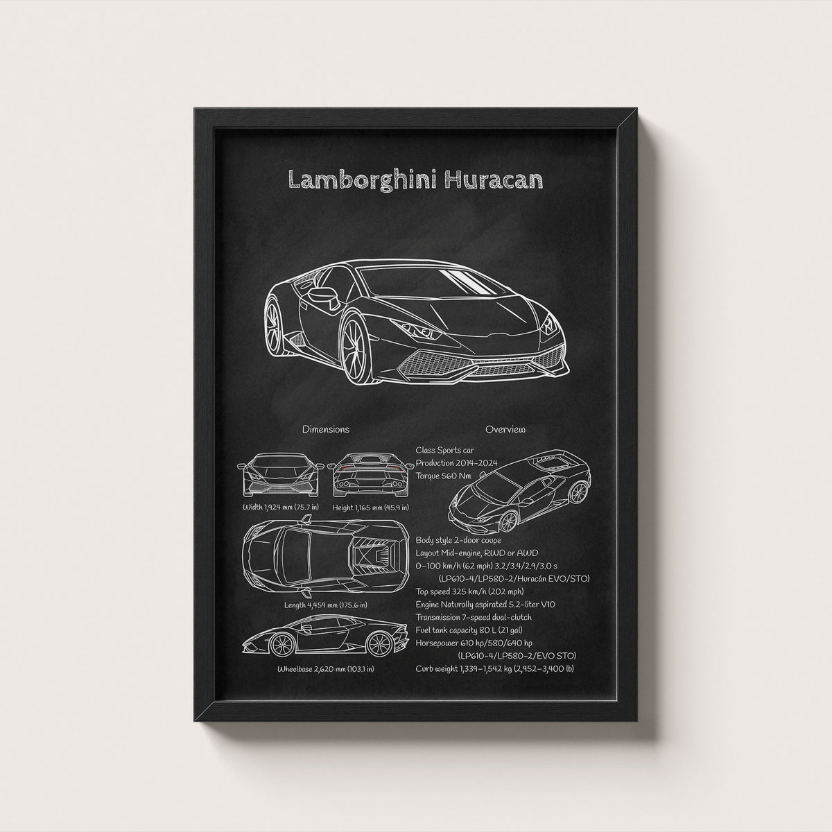 Framed poster of a Lamborghini Huracan with technical drawings on a black background