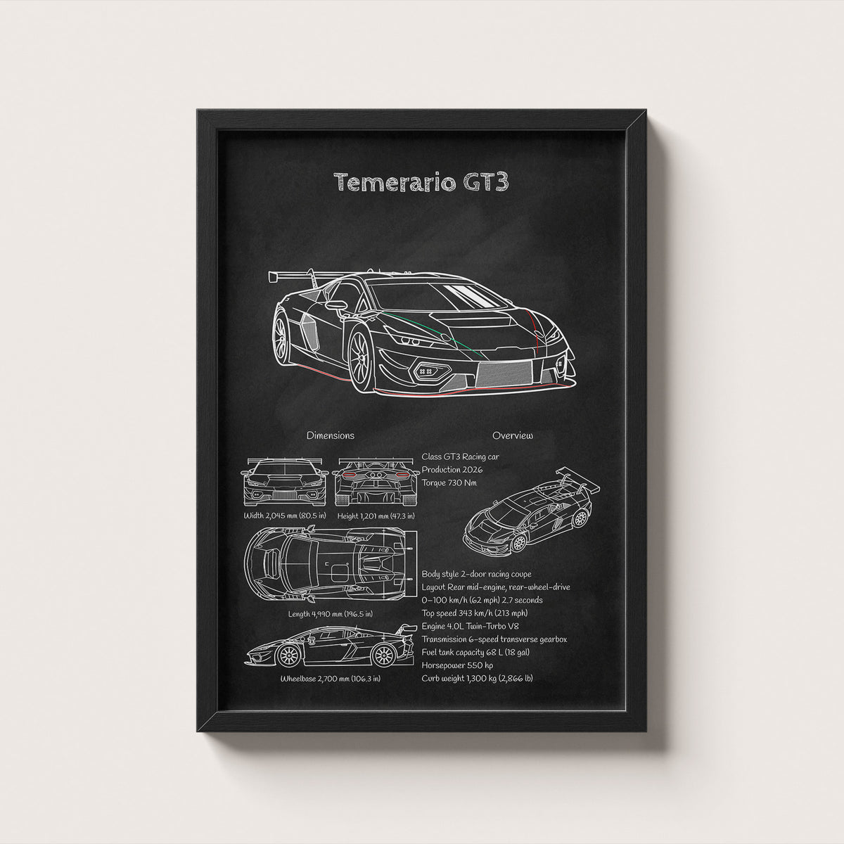 Framed poster of a car design with 'Temerario GT3' on a black background