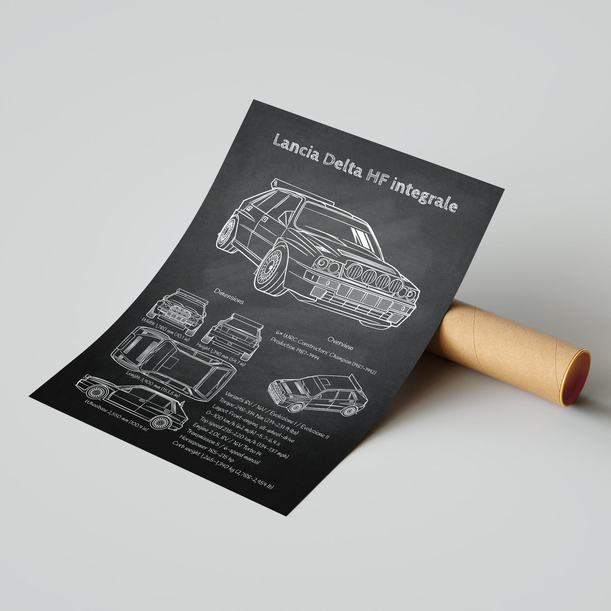 Roll of paper with Lancia Delta HF integrale design on a gray background