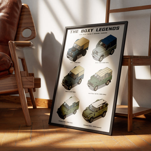 Framed poster titled 'The Boxy Legends' with images of vintage cars on a wooden floor.