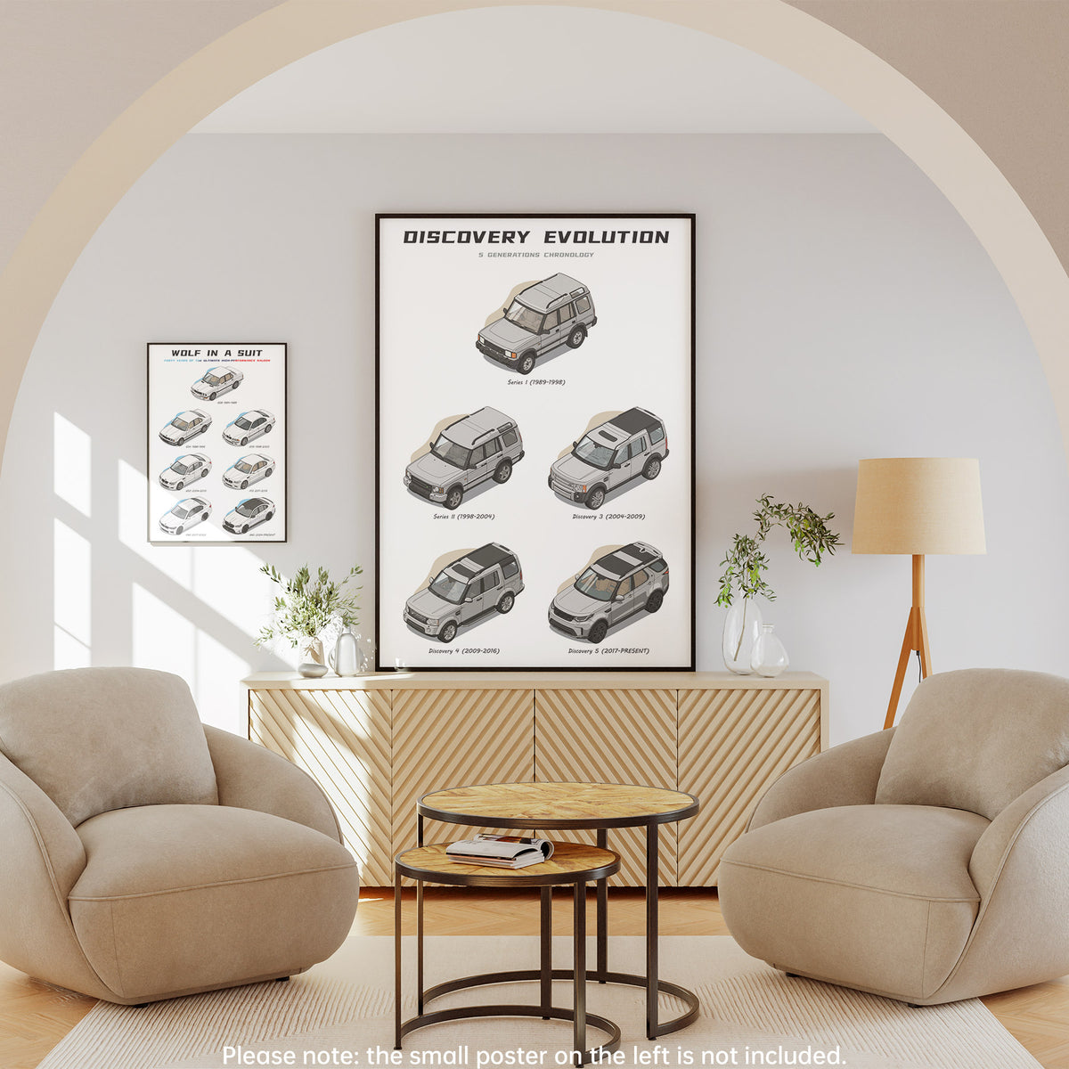 Living room with 'Discovery Evolution' poster on the wall
