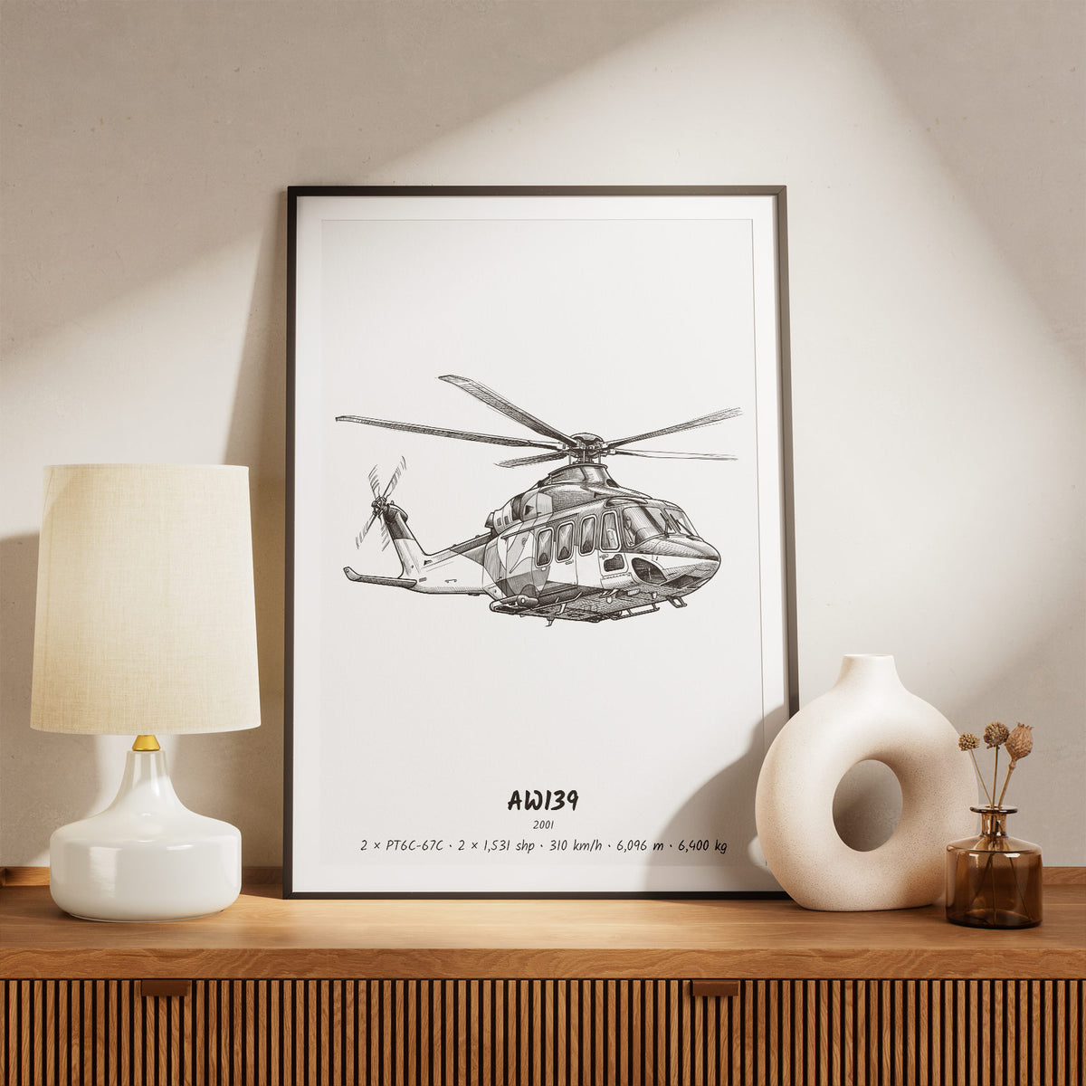 Framed Leonardo AW139 Print on a Shelf