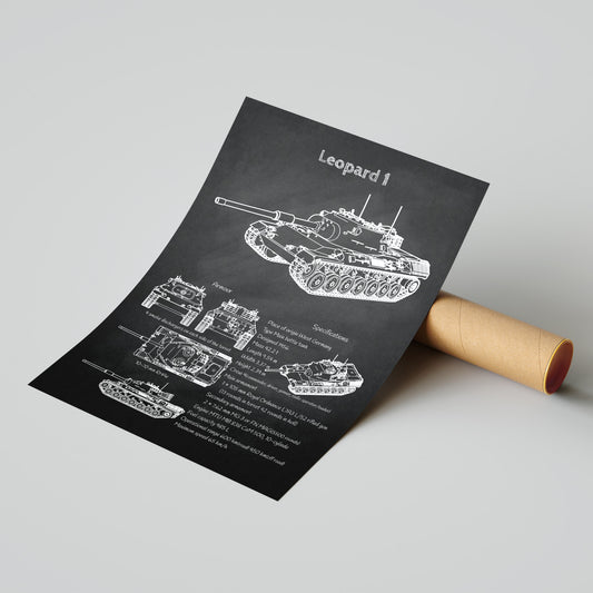 Leopard 1 tank blueprint print leaning on shipping tube – ready to ship military poster