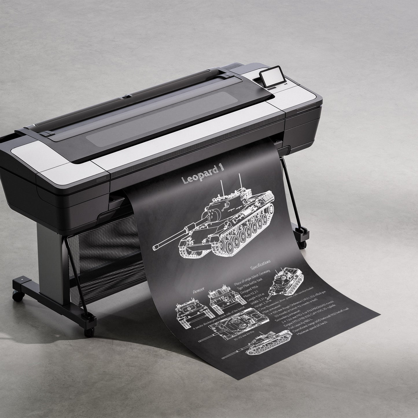Leopard 1 tank blueprint being printed – technical wall art in progress
