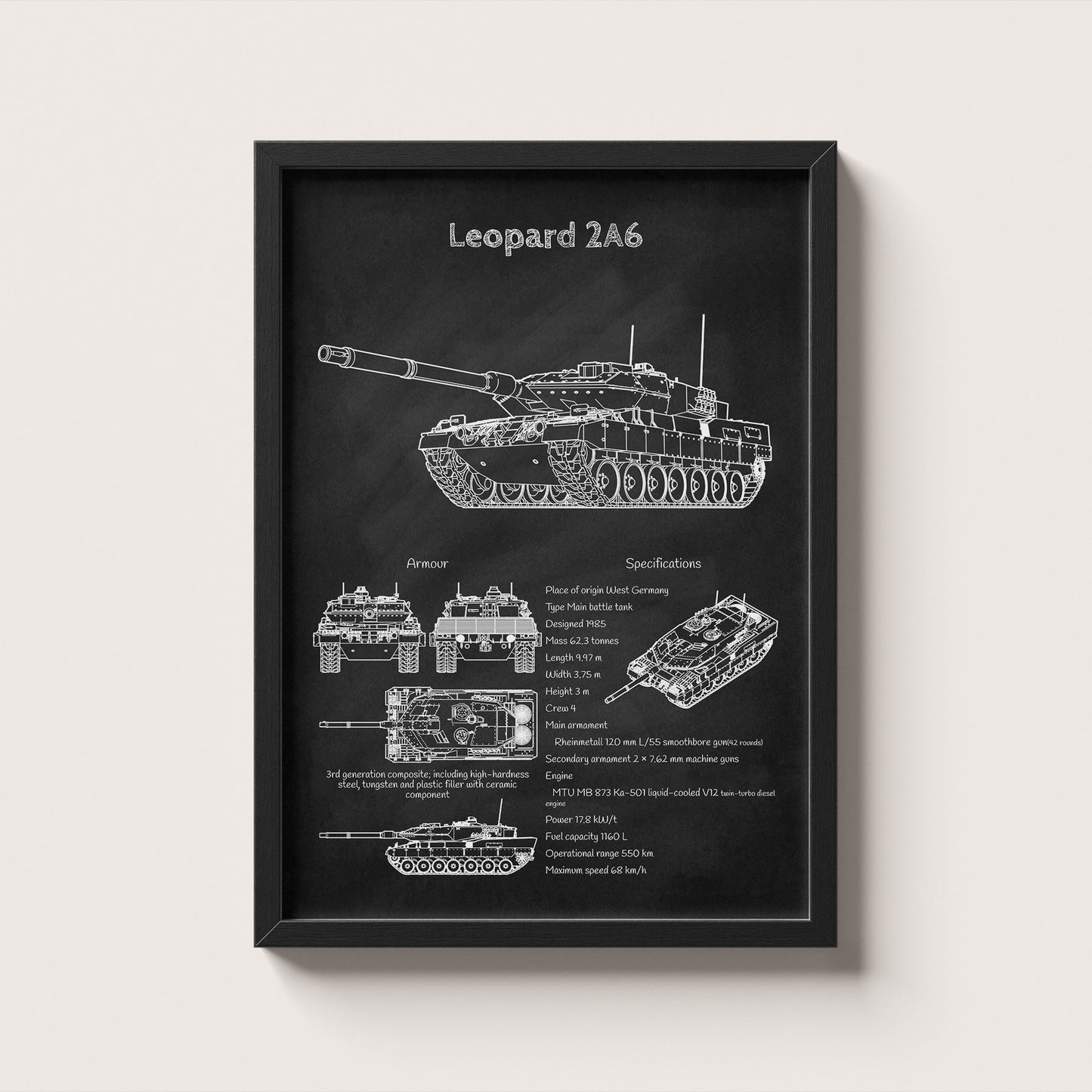 Framed Leopard 2 tank blueprint poster hanging on wall – military wall art for home or office