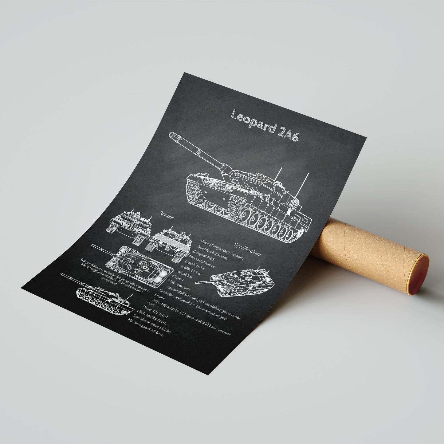 Leopard 2 tank blueprint print leaning on shipping tube – ready to ship military poster