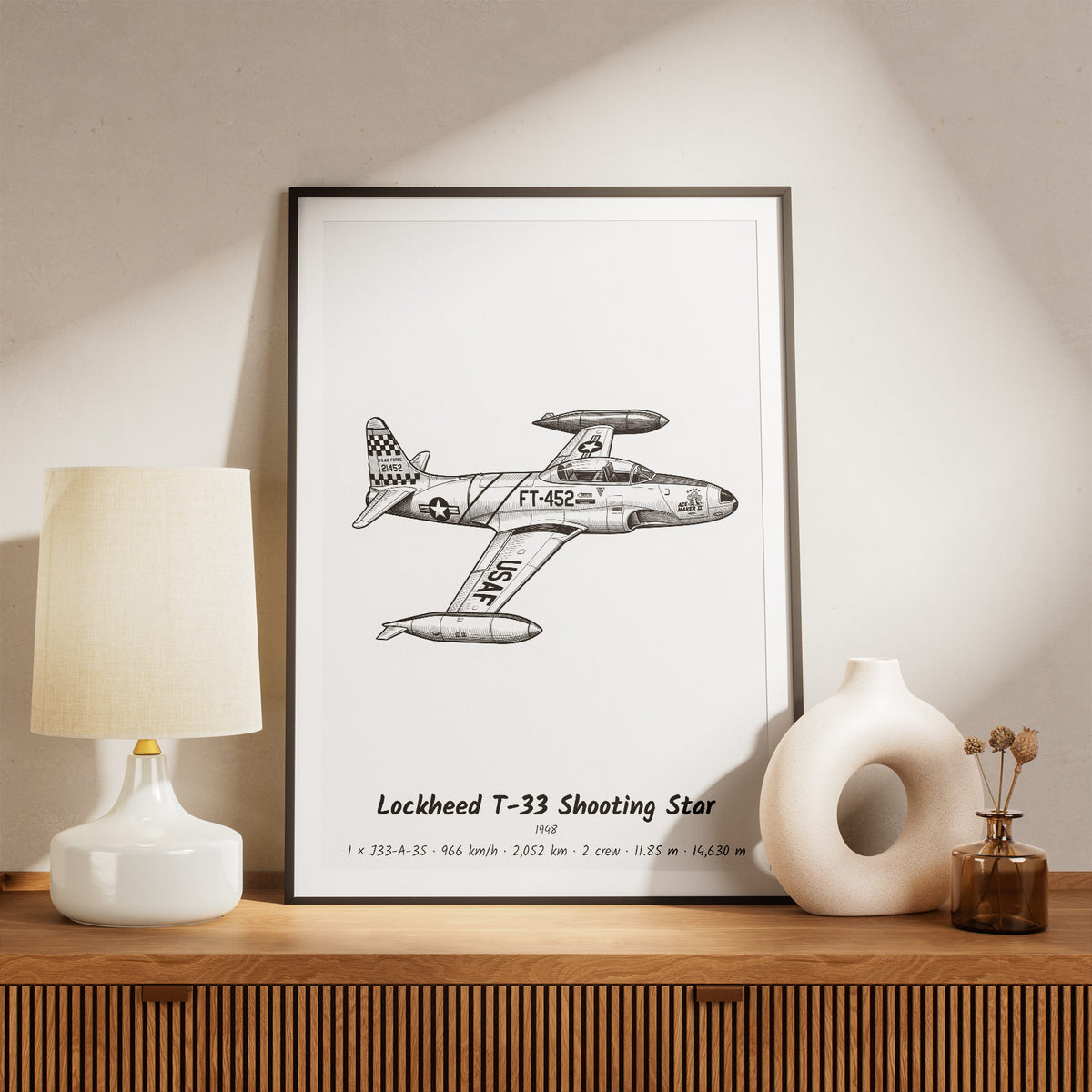 Framed Lockheed T-33 Shooting Star Print on a Shelf