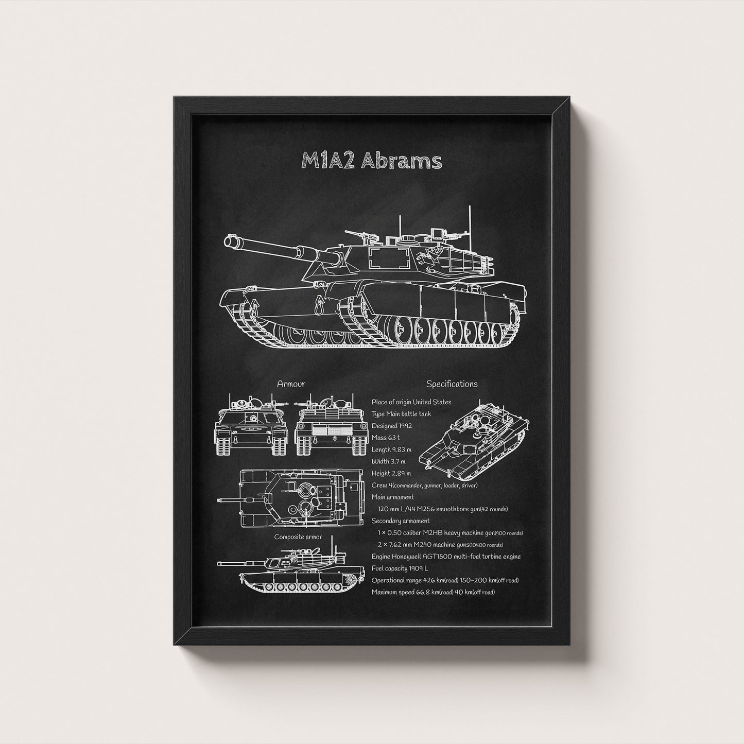 Framed M1 Abrams tank blueprint poster hanging on wall – military wall art for home or office