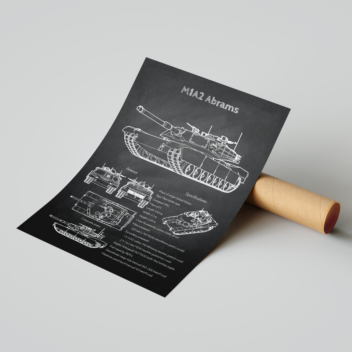 M1 Abrams tank blueprint print leaning on shipping tube – ready to ship military poster