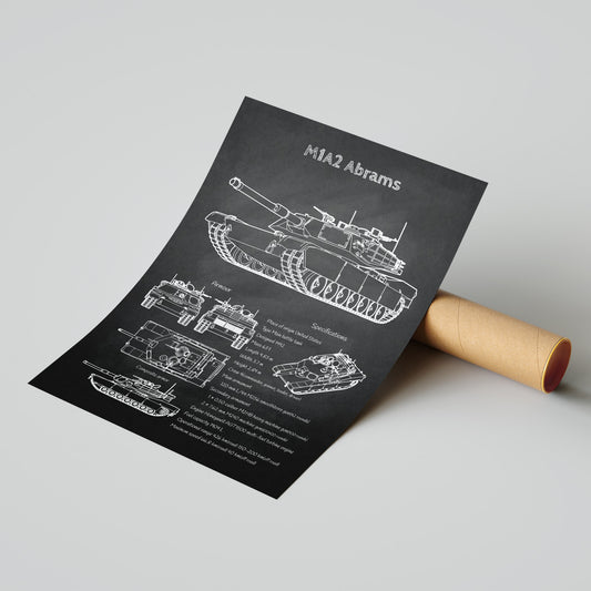 M1 Abrams tank blueprint print leaning on shipping tube – ready to ship military poster