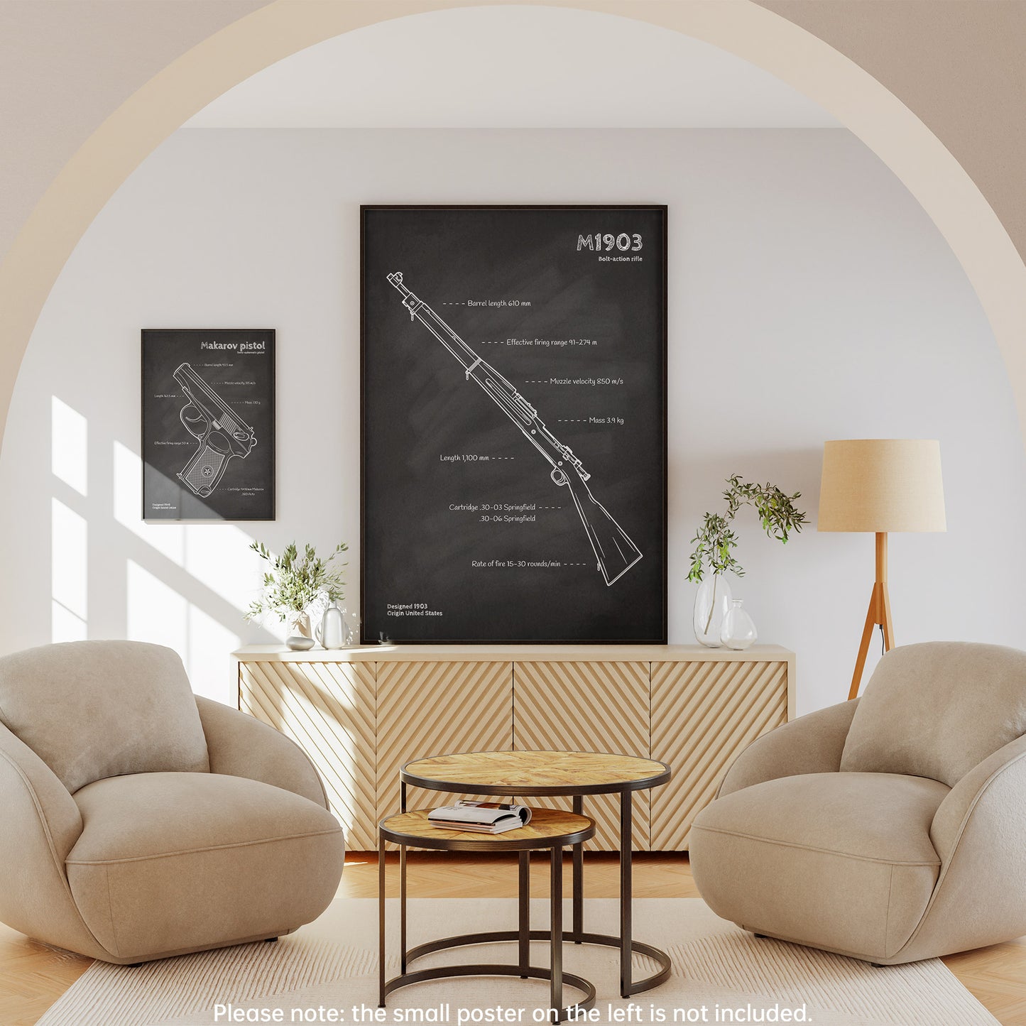 Framed M1903 Springfield rifle blueprint wall art - military poster decor in living room