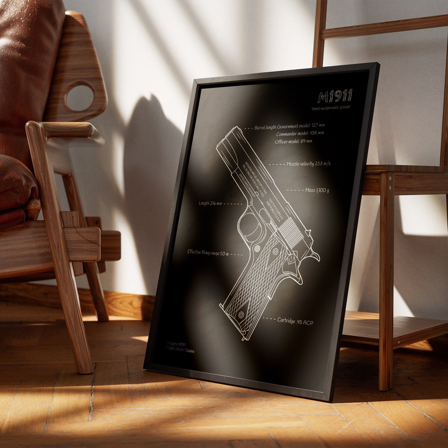 M1911 pistol blueprint - firearm wall decor displayed next to chair