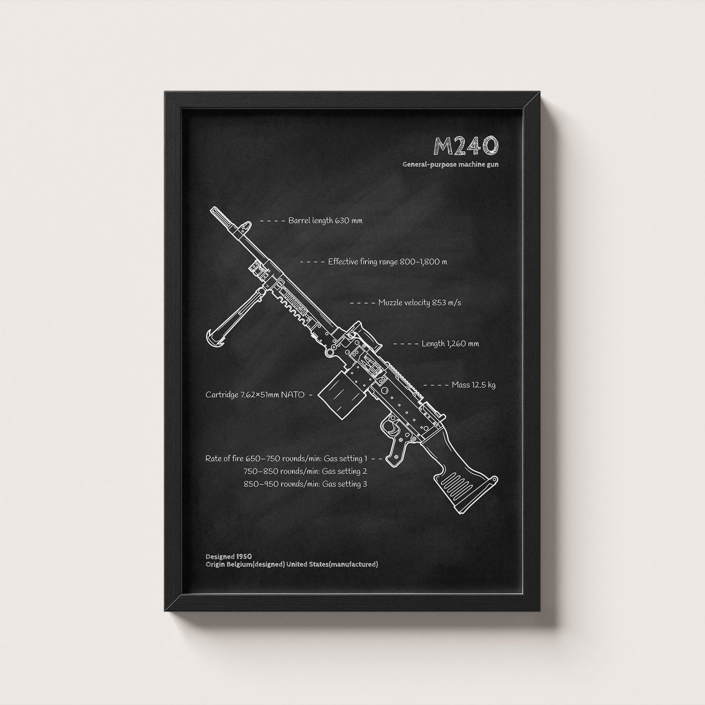 Framed M240 machine gun blueprint poster - minimalist firearm wall art hanging on wall