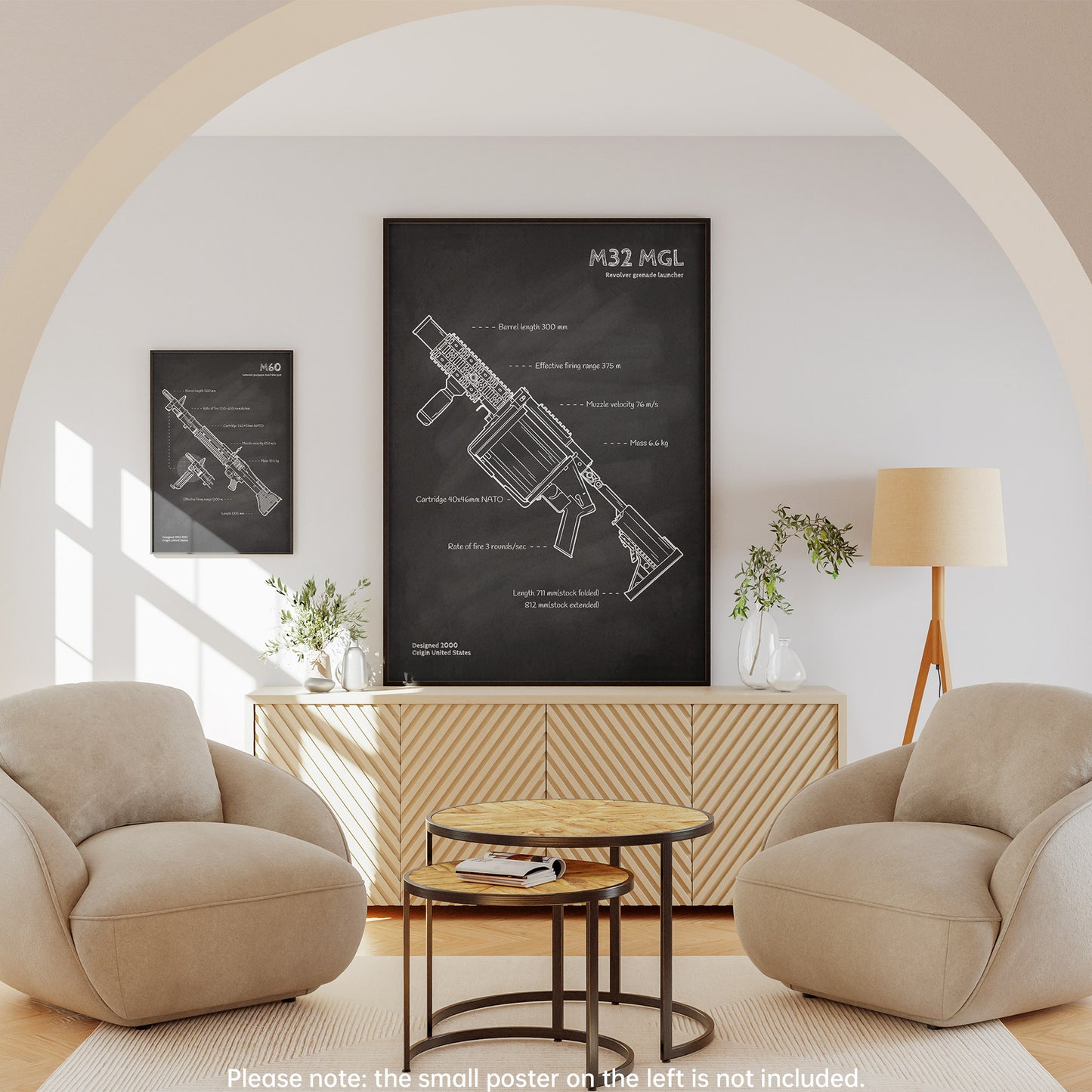 Framed M32 Revolver grenade launcher blueprint wall art - military poster decor in living room
