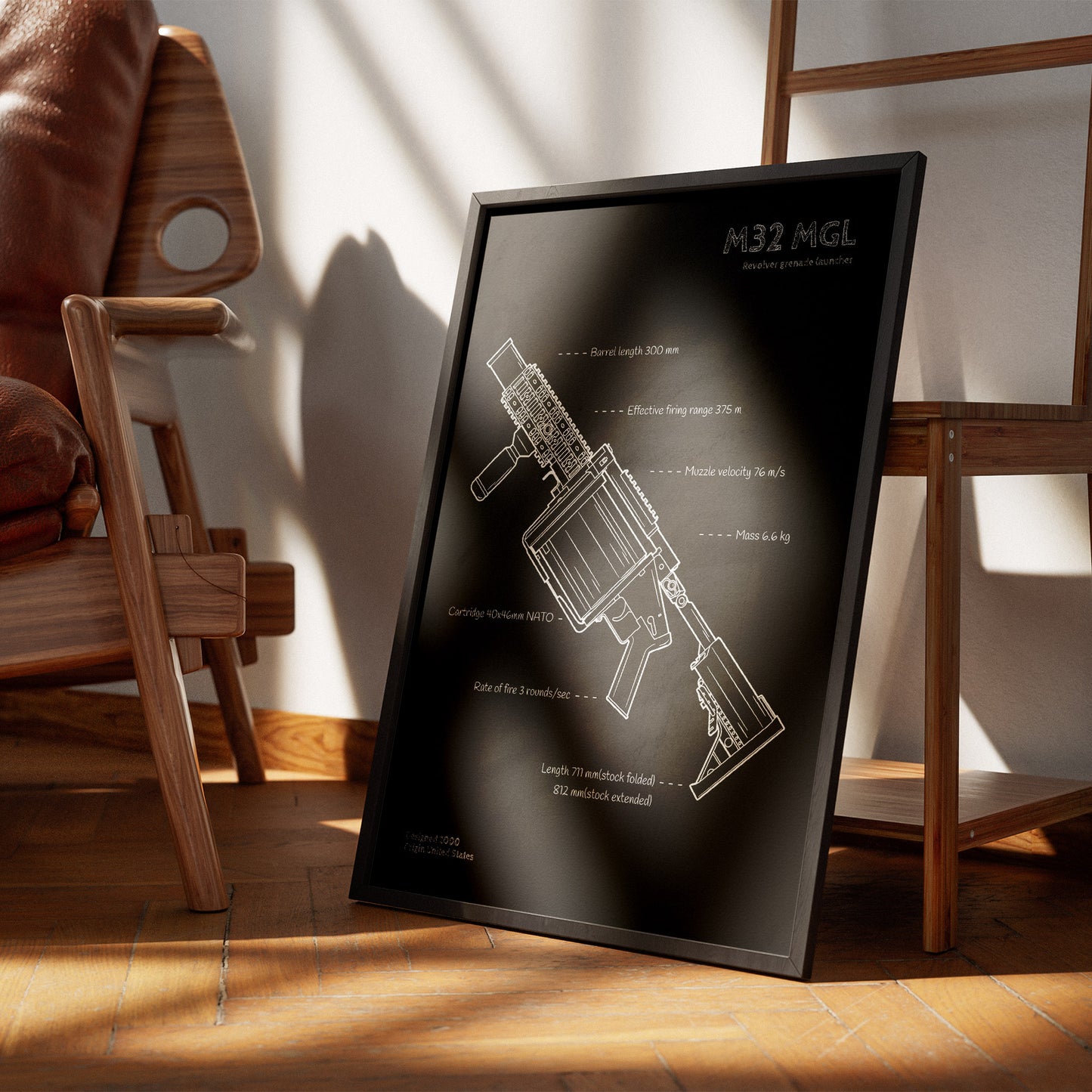M32 Revolver grenade launcher blueprint - firearm wall decor displayed next to chair