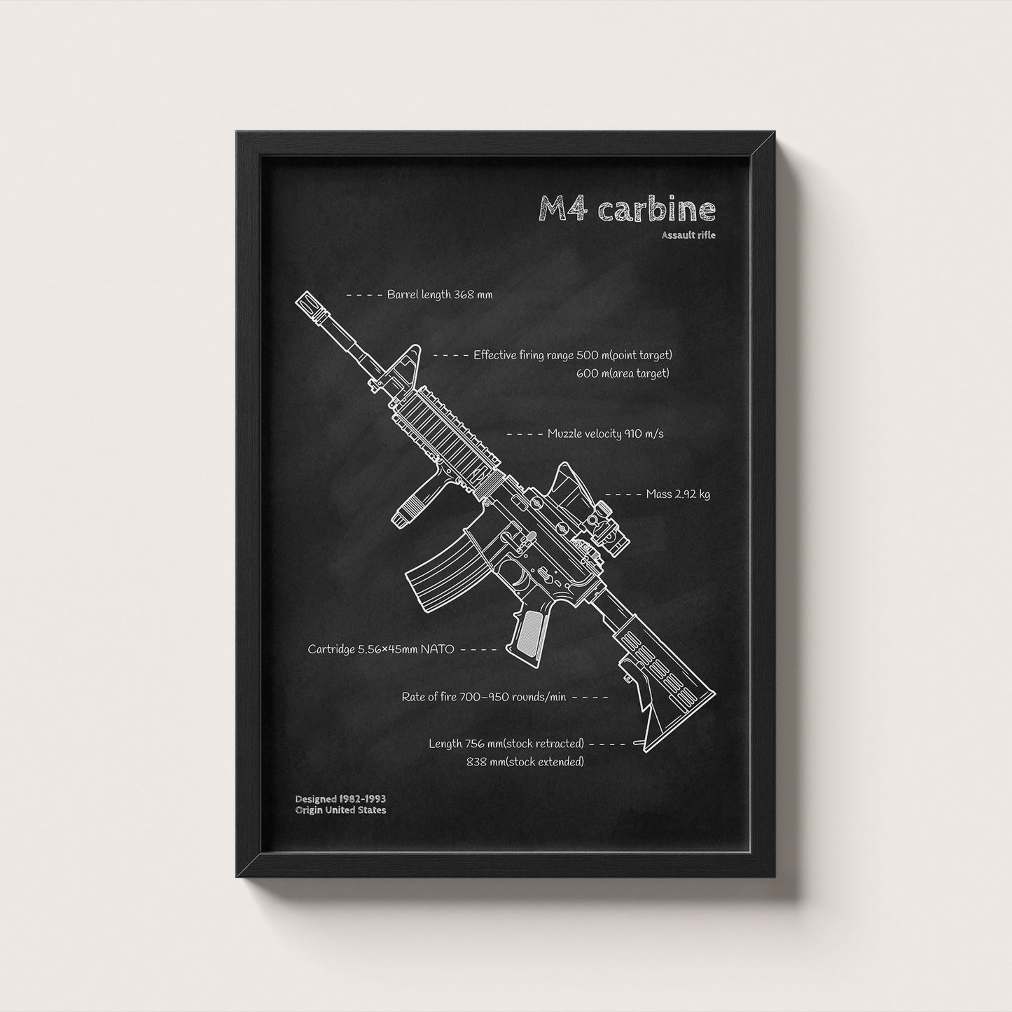 Framed M4 carbine rifle blueprint poster - minimalist firearm wall art hanging on wall