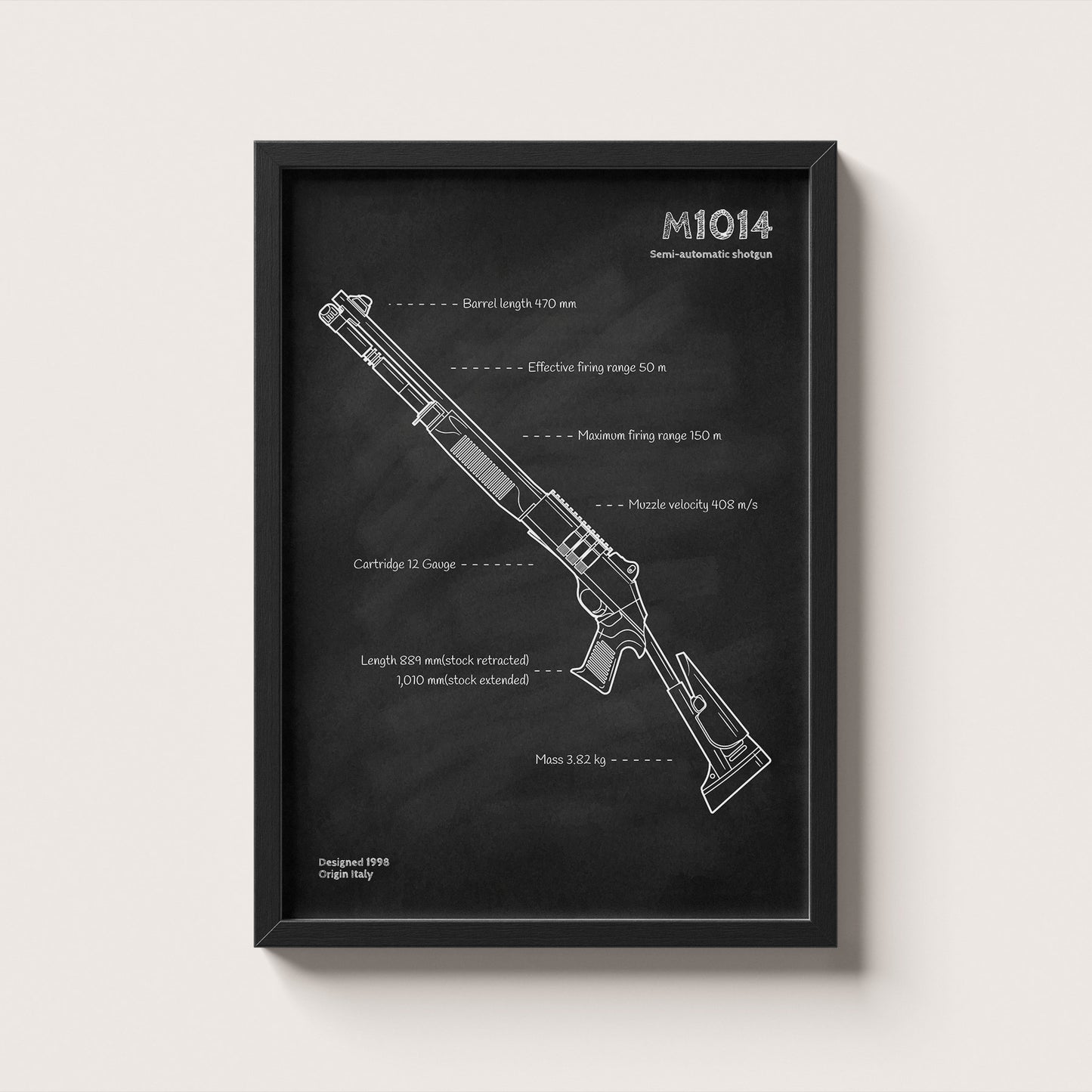 Framed M1014 shotgun blueprint poster - minimalist firearm wall art hanging on wall