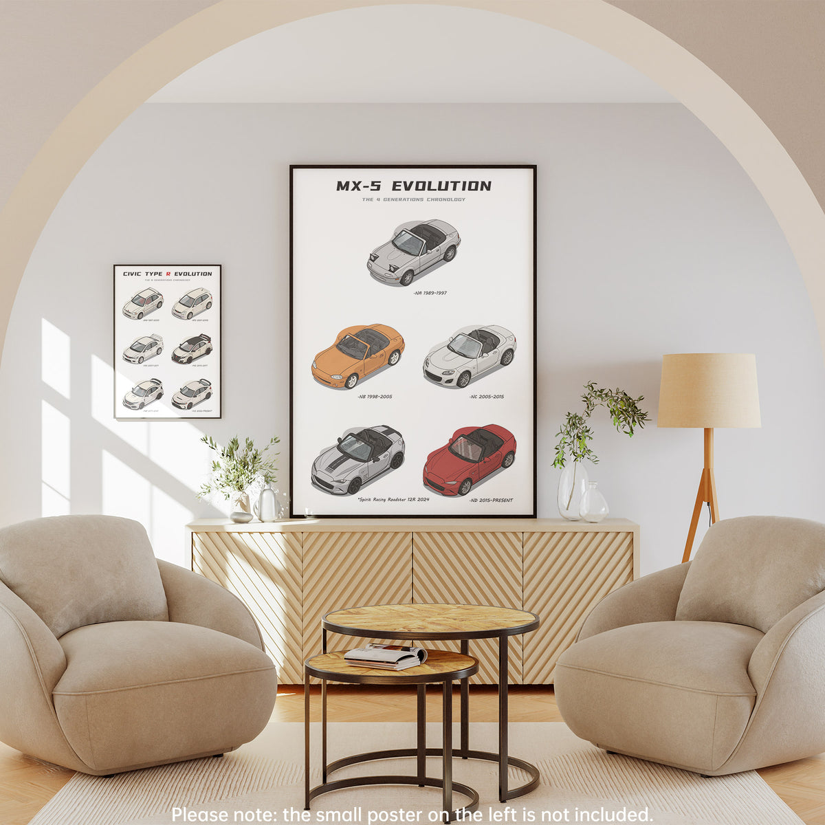 Living room with a framed poster of Mazda MX-5 evolution and smaller posters on the wall.