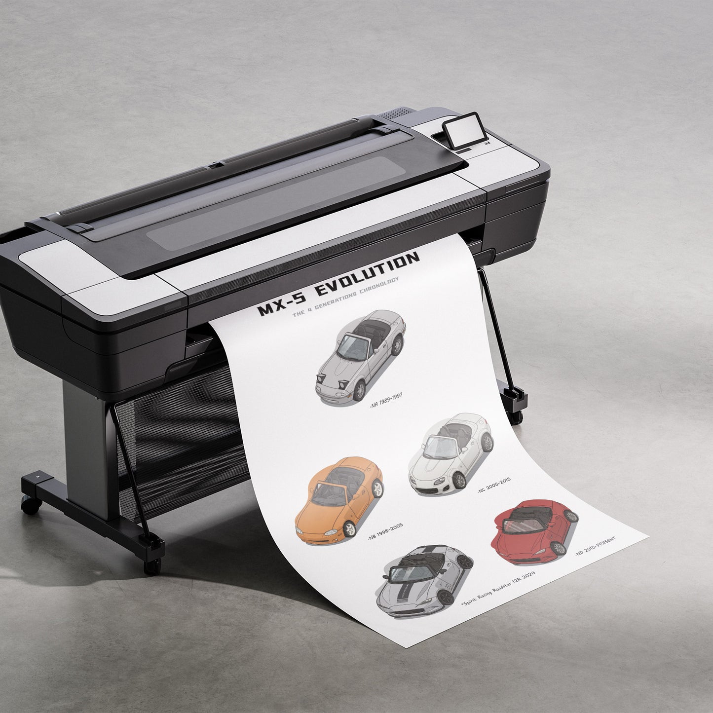 Large format printer with a sheet of paper displaying Mazda MX-5 illustrations on a gray background