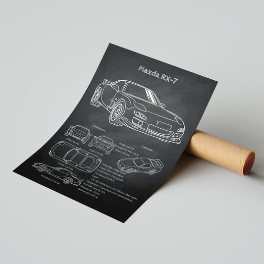 Roll of paper with Mazda RX-7 car design on a gray background