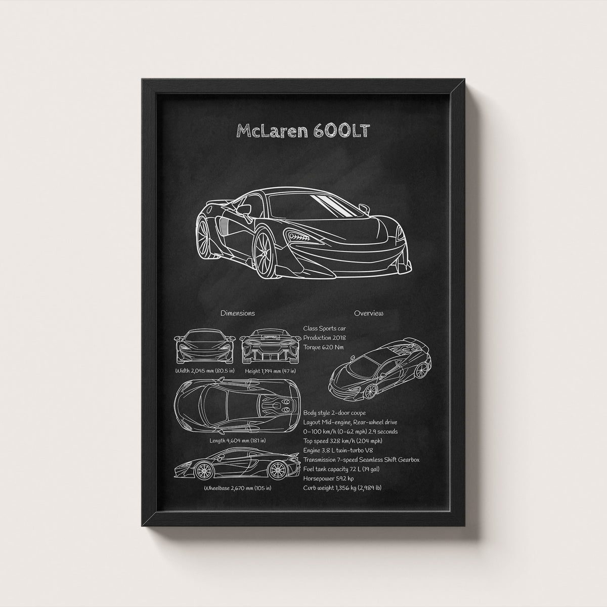Framed poster of a McLaren 600LT with technical drawings on a black background