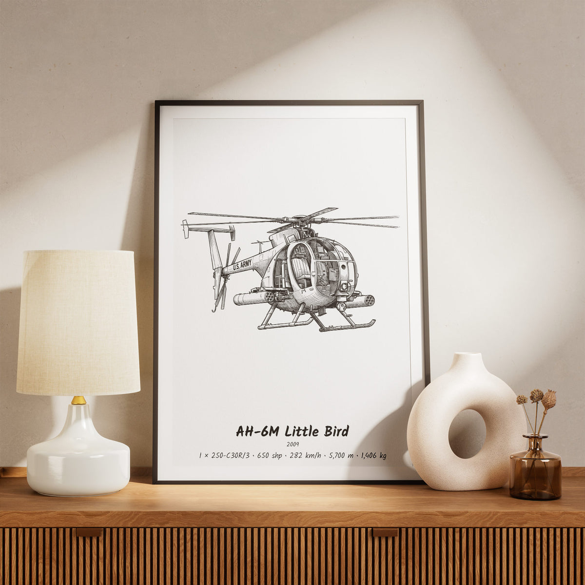 Framed AH-6M Little Bird Print on a Shelf