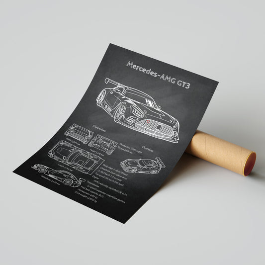 Mercedes-AMG GT3 blueprint poster with mailing tube – ready-to-ship automotive wall decor