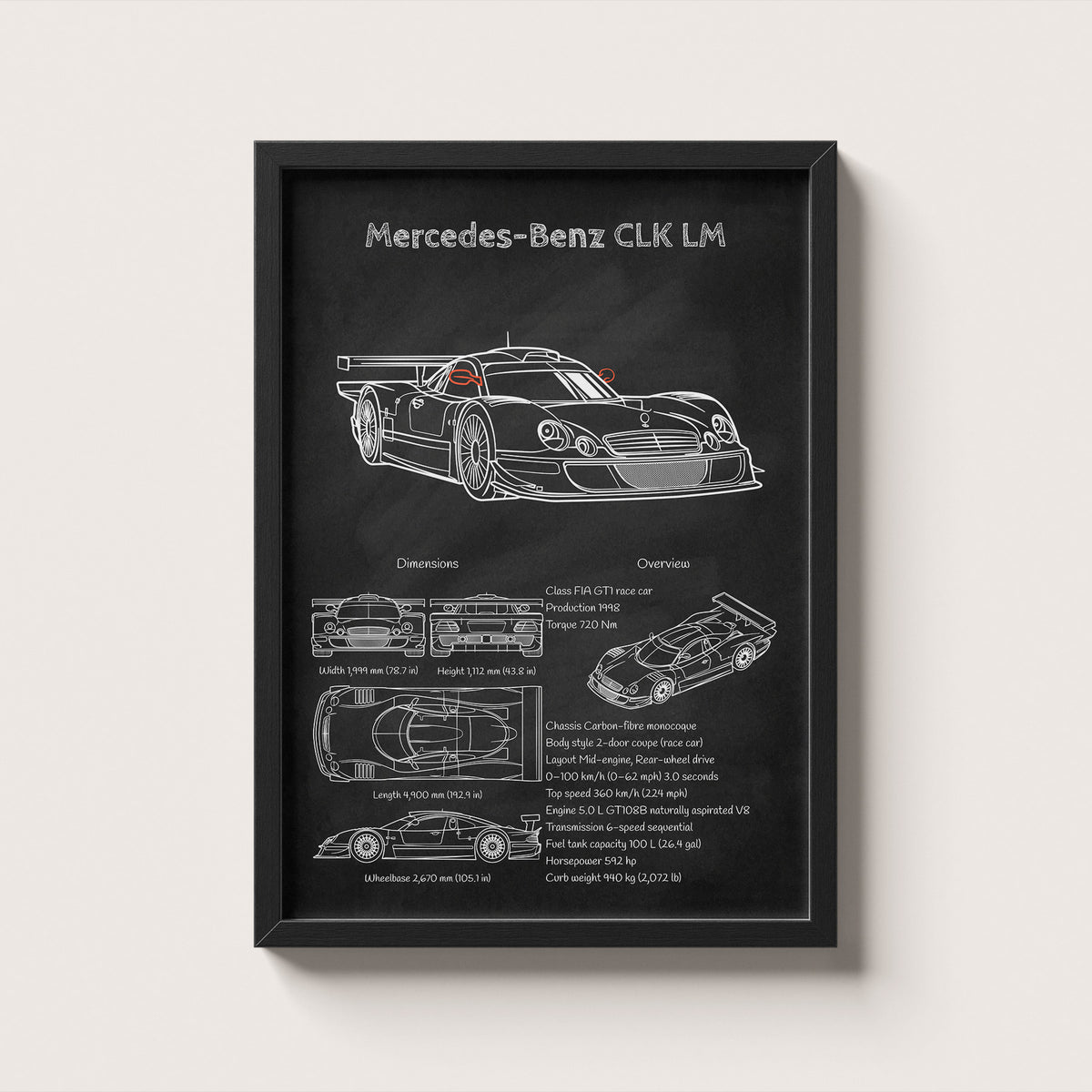 Framed poster of Mercedes-Benz CLK LM with technical details on a black background