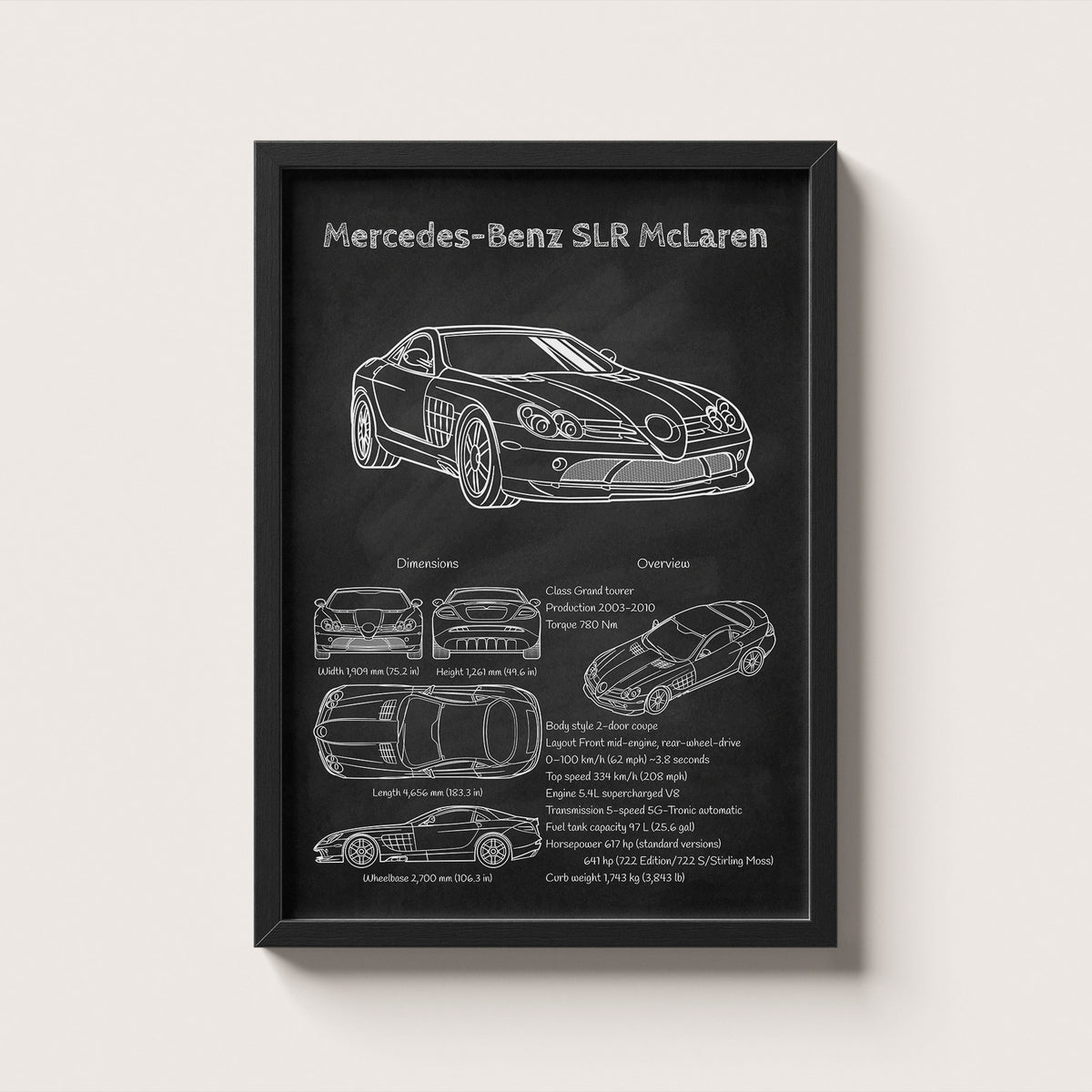 Framed black and white blueprint of a Mercedes-Benz SLR McLaren on a light gray background