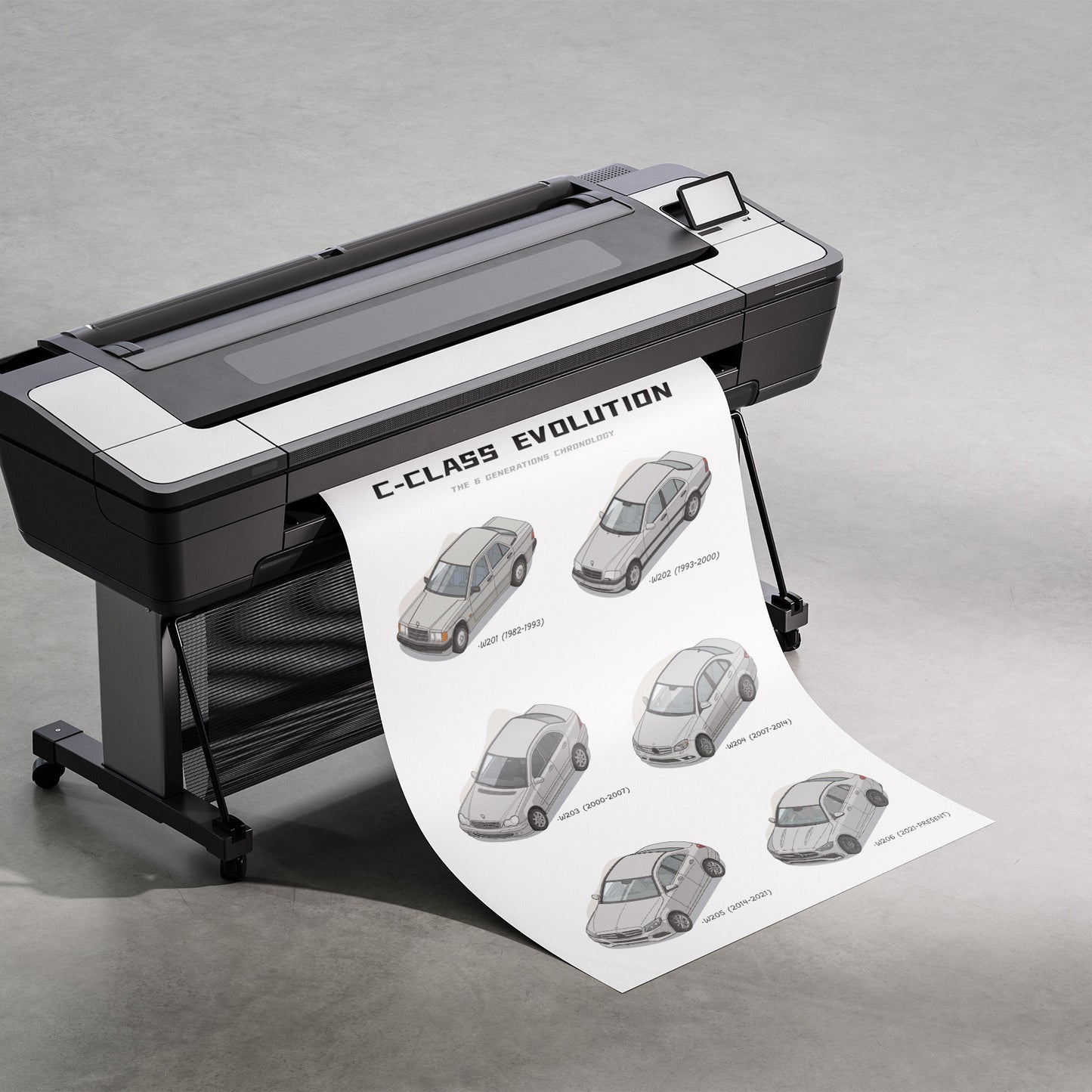 Large format printer with a sheet of paper displaying C-Class Evolution illustrations on a gray background