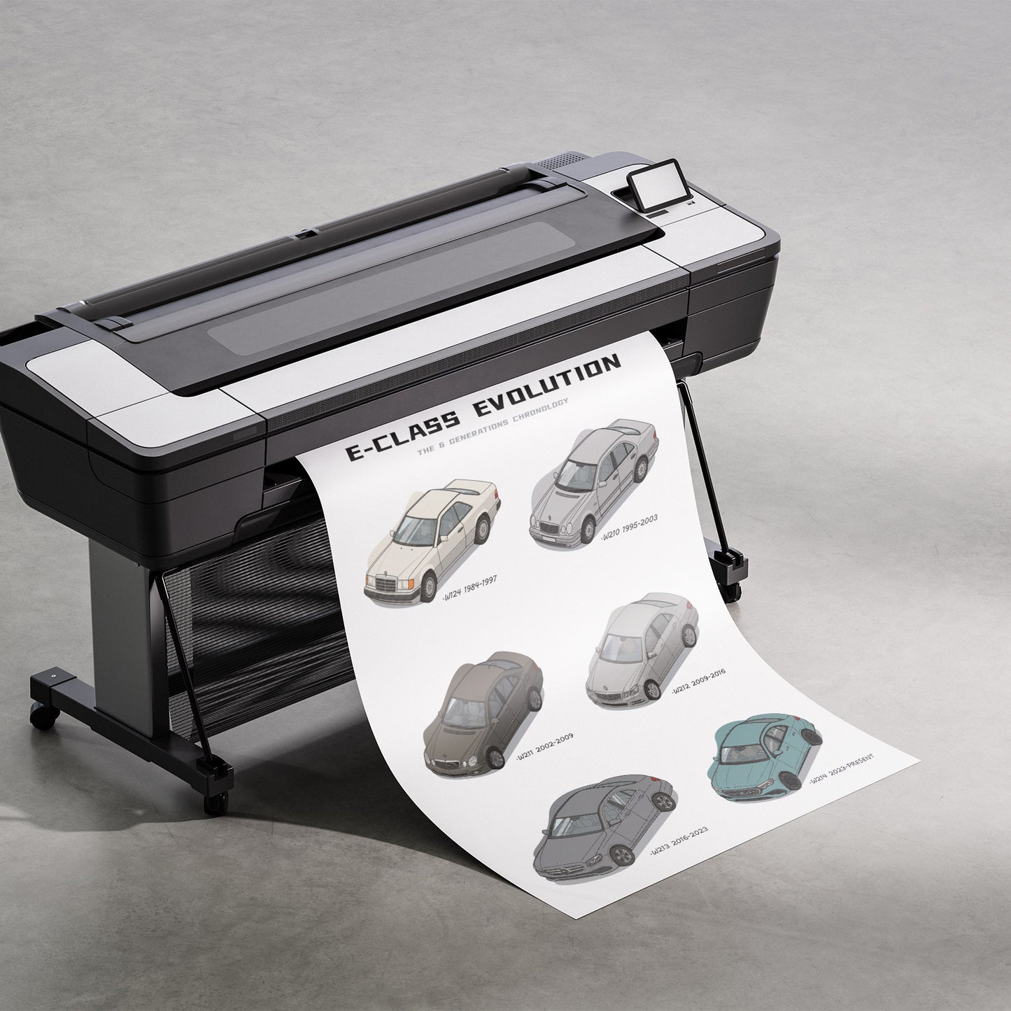 Large format printer with a printed sheet titled 'E-Class Evolution' featuring car illustrations.